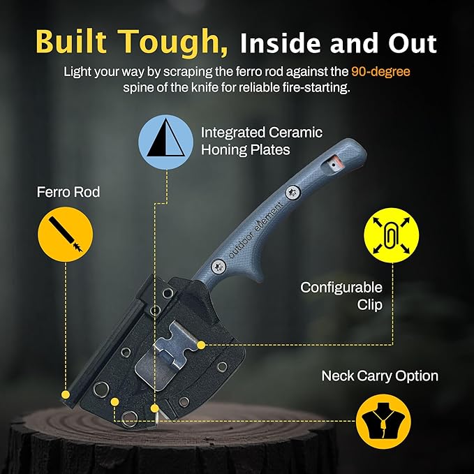 OUTDOOR ELEMENT Contour Feather Survival and Culinary Knives – VG10 Steel Fixed Blade with Fire Starter Hex Driver Knife Sharpener Sheath &amp Built in Whistle - Built For Camping &amp Outdoor Ad