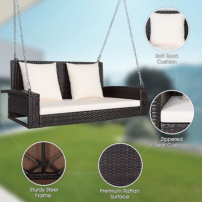 Tangkula 2-Person Wicker Porch Swing Patiojoy Outdoor Rattan Hanging Swing Bench W/ 2 Back Cushions &amp 1 Seat Cushion Sturdy Steel Chain 800lbs Weight Capacity