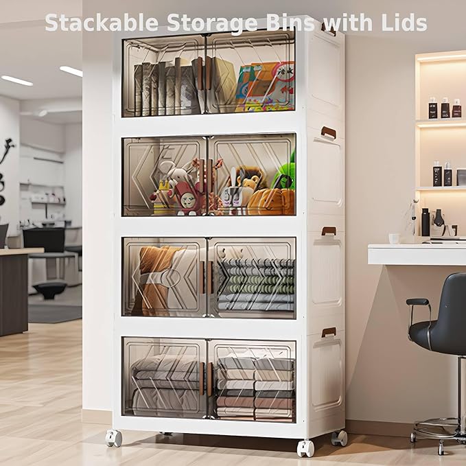 4-Tier Stackable Storage Bins with Lids 94QT Plastic Large Collapsible Storage Containers with Wheels and Magnetic Doors Foldable Closet Organizers for Living Room Garage Home Office Clear