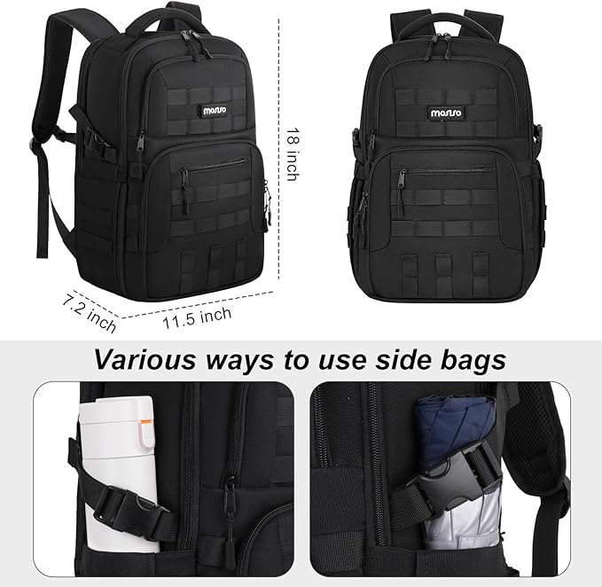 MOSISO 25L Military Tactical Backpack for Men Assault Pack 3 Days Bug Out Bag Hiking Rucksack with Bottle Holder Back Zipper Compartment for Sport Outdoor Hiking Camping Training Travel Black