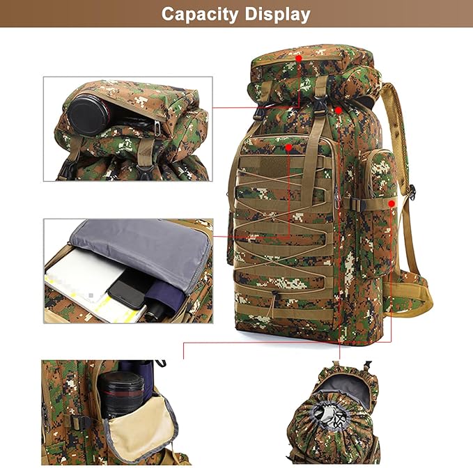 80L Outdoor Camping Backpack for Men Women Large Capacity Polyester Tactical Rucksack Hiking Travel Duffel Bags (C/Multicolor)