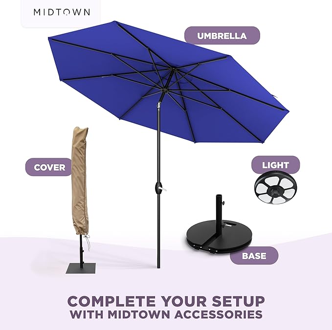 Midtown Umbrellas - 10-Year-No-Fade 8 Ft Patio Umbrella with Terylast Fabric Auto-Tilt Aluminum Frame and 8 Reinforced Ribs for Deck Pool Garden &amp Beach - Royal Blue Canopy Black Pole