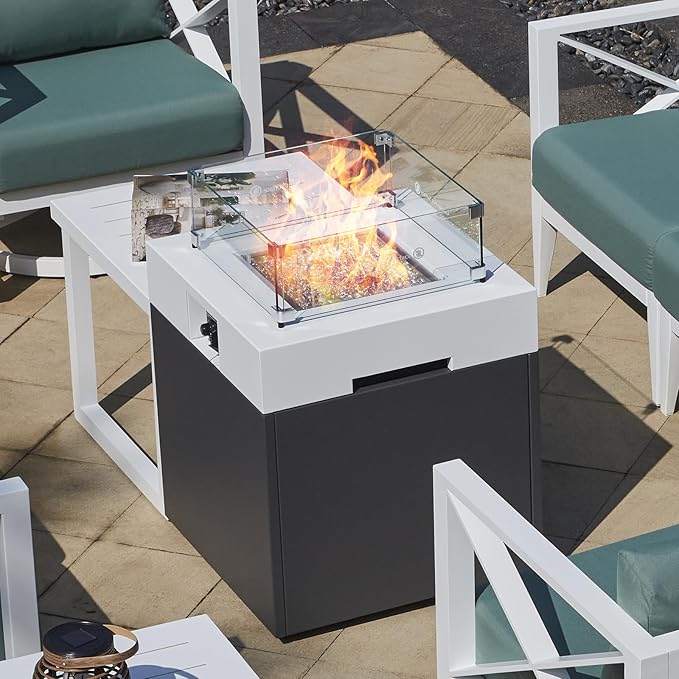 22 Aluminum Propane Fire Pit Table 37000 BTU Outdoor Gas Firepit with Lid Glass Wind Guard Waterproof Cover &amp Glass Stones for Patio Deck Garden 3-in-1 Tabletop DesignWhite