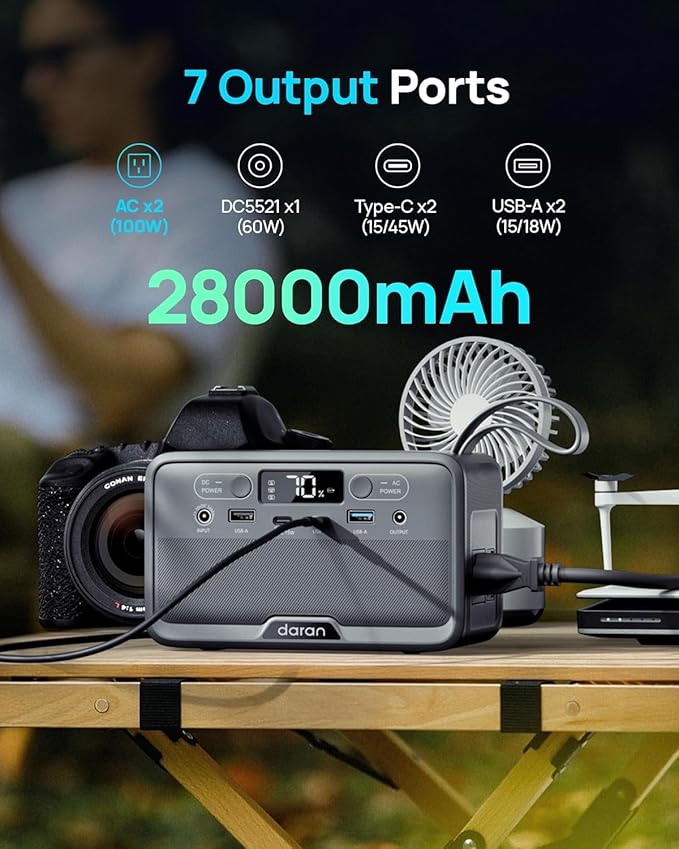 DARAN Portable Power Station 100W with 25W Solar Panel LiFePO4 Battery Power Bank with110V AC Outlets Solar Generator Fast Charging for Hurricane EmergencyOutdoor UseOff-Grid traveling