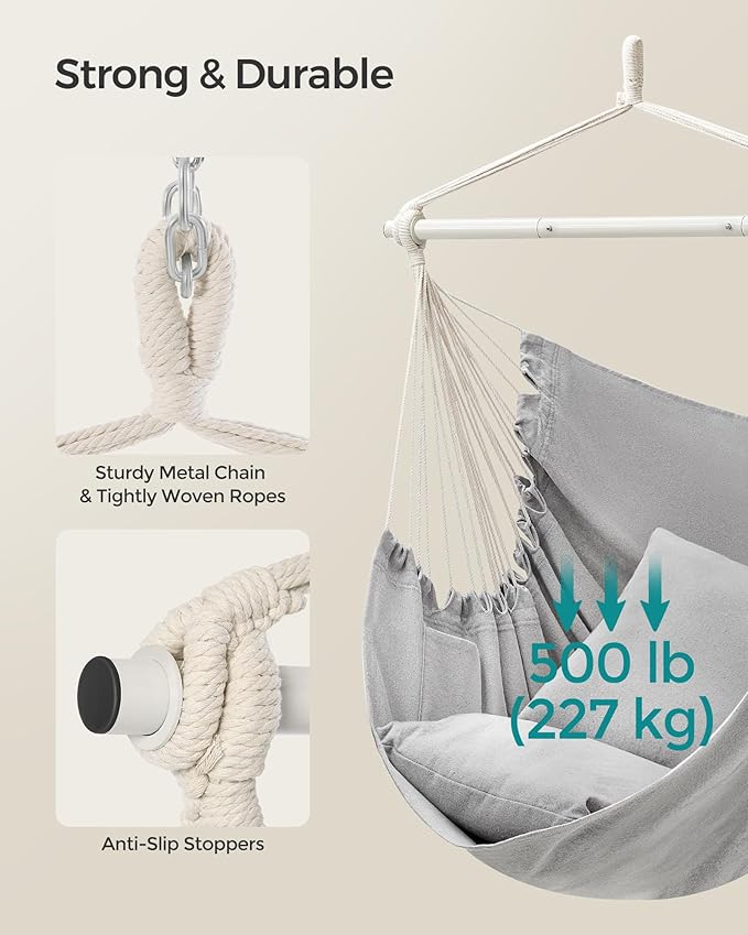 SONGMICS Hammock Chair Load Capacity 500 lb Hanging Chair with 2 Cushions Large Hammock Swing with Chain and Pocket for Indoor Outdoor Living Room Bedroom Dove Gray UGDC197G01