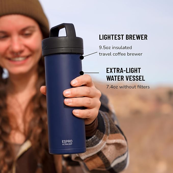 ESPRO Go P0 Ultralight French Press Coffee Maker for Travel Vacuum Insulated Stainless Steel 16 Ounces Aegean Blue