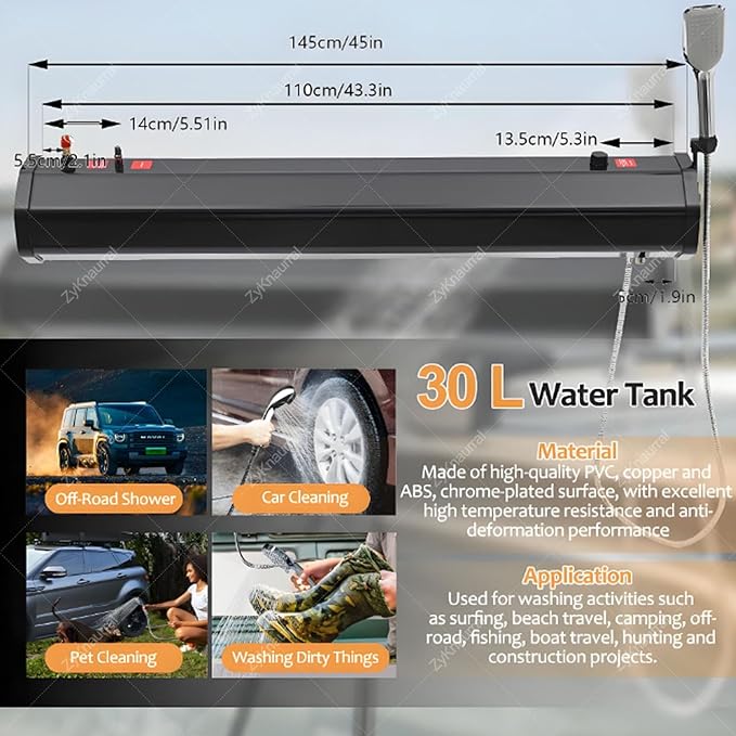 Portable Camping Shower Pressurized Water Tank for Camping Shower Roof Rack 4.7/5.2/7.9 Gallon Off-Road Travel Shower with Hose Shower Head Pressurized Water Tank for Vehicles30L/7.93Gal