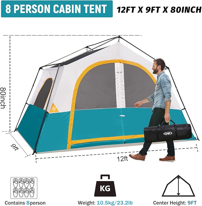 HIKERGARDEN 6-8 Person Camping Tent - Portable Family Cabin Tent for Camp Windproof Fabric Camp Tent Outdoor for Hiking Backpacking Traveling