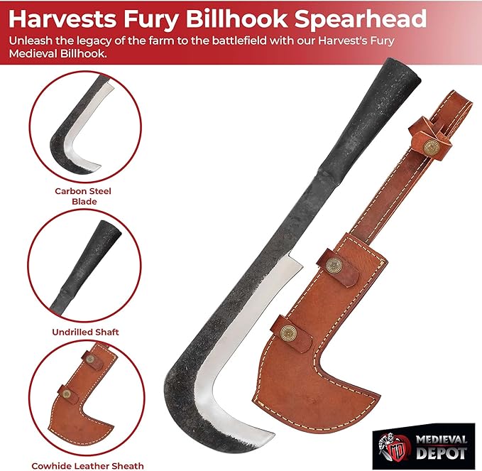 MedievalDepot Harvests Fury Hand Forged High Carbon Steel Medieval Billhook Spearhead – Overall 13 with Leather Sheath – Farm Tool Inspired Spear Head for Collectors