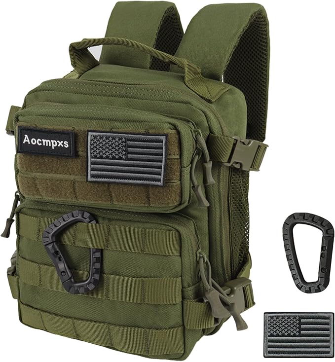 Mini Tactical Backpack 9L Small Gym Backpacks for Men Women Molle Military Pack with US Flag Patch and Carabiner (Green)