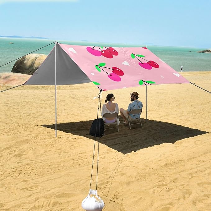 Beach Canopy with Windproof Ropes &amp Sandbags Beach Tent Sun Shade Sun Shelter for Camping Trips Fishing Backyard Fun or Picnics Cherry