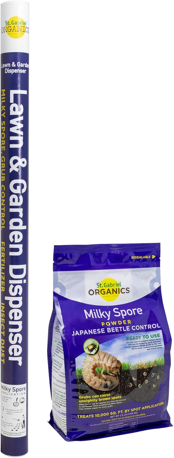 St. Gabriel Organics 2-in-1 Combo Pack – 40oz Milky Spore Powder Japanese Beetle Grub Killer and Lawn &amp Garden Dispenser Applicator Tube
