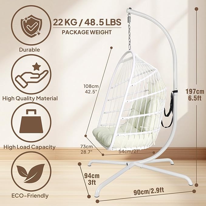 Chihee Egg Chair with Ultra Strong Stand and Cushion Foldable Wicker Rattan Hanging Chair Indoor Outdoor Patio Lounging Chair 330 lbs Capacity Balcony Porch Bedroom Garden