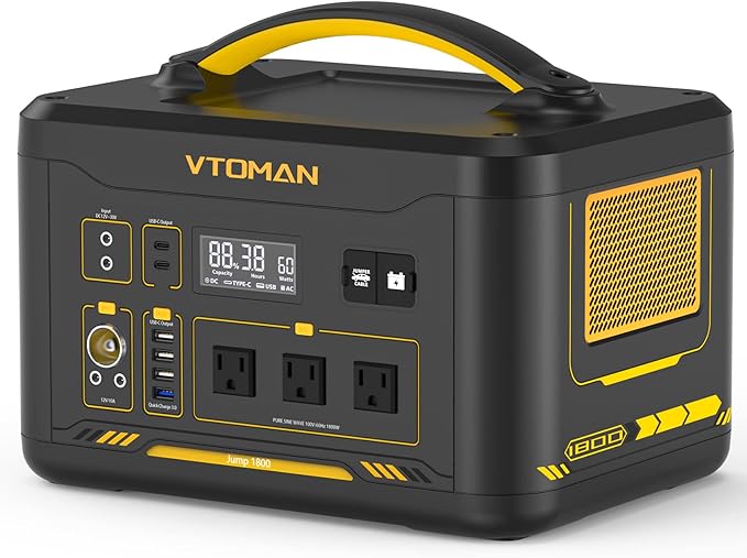 VTOMAN Jump 1800 Portable Power Station with Jump Start 1548Wh LiFePO4 Solar Generator 1800W (Peak 3600W) AC Outlets Regulated 12V DC PD 100W Type-C for Home Backup RV/Van Travel Camping Road Trip
