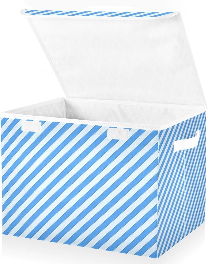 Collapsible Storage Bins with Lids Decorative Fabric Storage Cubes Closet Organizer and Storage Basket Boxes Containers for Clothes Box Chest Nursery Folding Rectangle Blue Stripes