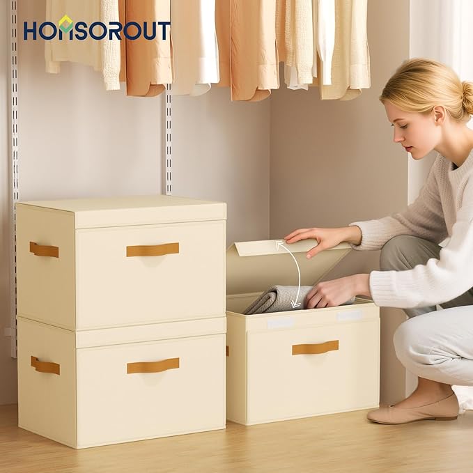 Homsorout Clothes Storage Bins with Window &amp Flap Closet Organizer with Handles Decorative Basket for Home Dorm Beige