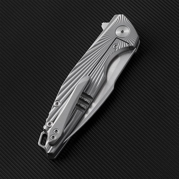 Folding Knife Pocket Knife EDC Knife with Clip Survival Knife Hunting Knife - M390 Steel Titanium Handle - Outdoor Hunting Hiking Survival Camping Knife with Sheath Gifts for Men (Grey)