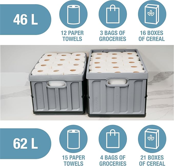 CleverMade Collapsible Storage Bins with Lids 62L – Heavy Duty Foldable Plastic Storage Crates for Garage Closet &amp Trunk Organization - Stone