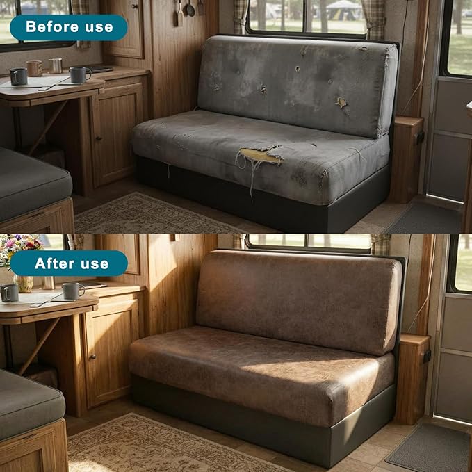 KRFOONN Stretch RV Dinette Cushion Covers Leather Look Camper Cushions Covers Replacement Couch Cushion Slipcovers Loveseat Slipcovers for Travel Trailer Couch (2 Backrest Cover &amp 2 Bench Cover T