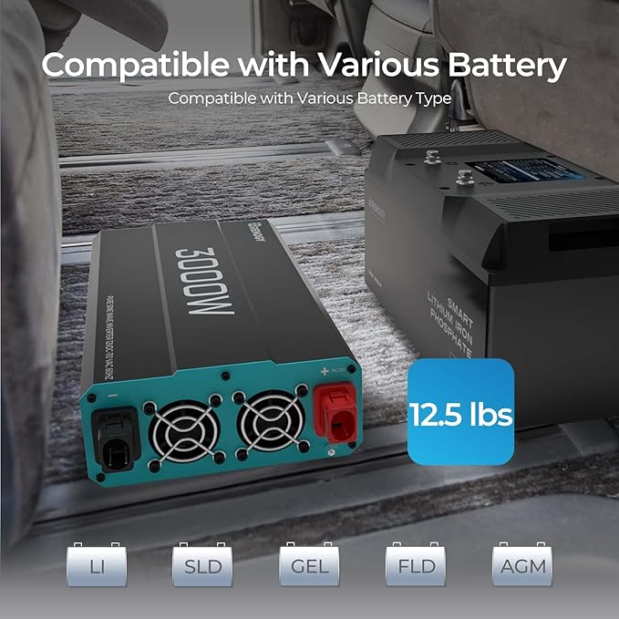 Renogy Inverter P2 3000W Pure Sine Wave Inverter 12V DC to 120V AC Converter for Home RV Truck Camping Trailer with Wired Remote Controller Support Li AGM SLD GEL FLD Batteries