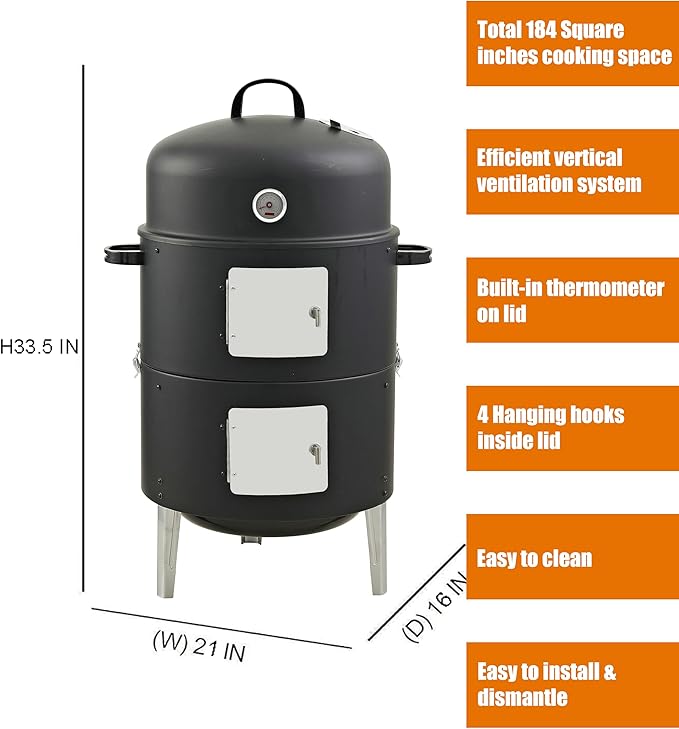 16 BBQ Smoker Grill Built in Thermometer Air Vent and Two more biger Access Doors Multi-Layer Meat Smoker Grill with 3 Heat-resistant Handles Ideal for Outdoor Cooking Camping BBQ