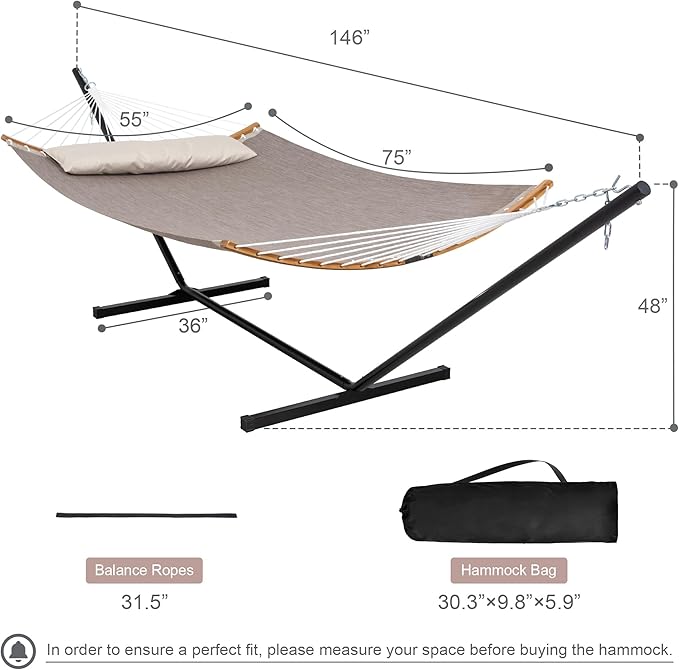 Quick Dry Hammock with Stand Included Heavy Duty Hammock with 12FT Hammock Stand for Outside Poolside 450 Lbs Capacity Brown