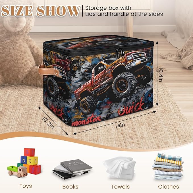 Storage Bin with Lid Stackable Closet Storage Bins Cool Trucks Decorative Bedroom Organizer Box Lidded Baskets Living Room Storages Boxes Cube Organizer Cute Container with Handles