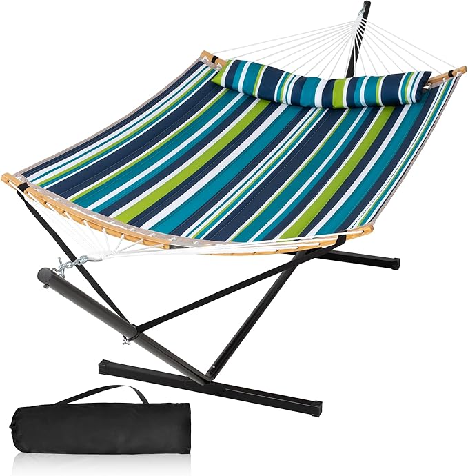 Hammock with Stand for Outside Double Hammock with Stand Pillow and Portable Bag 450 Lbs Capacity Green Blue Stripes