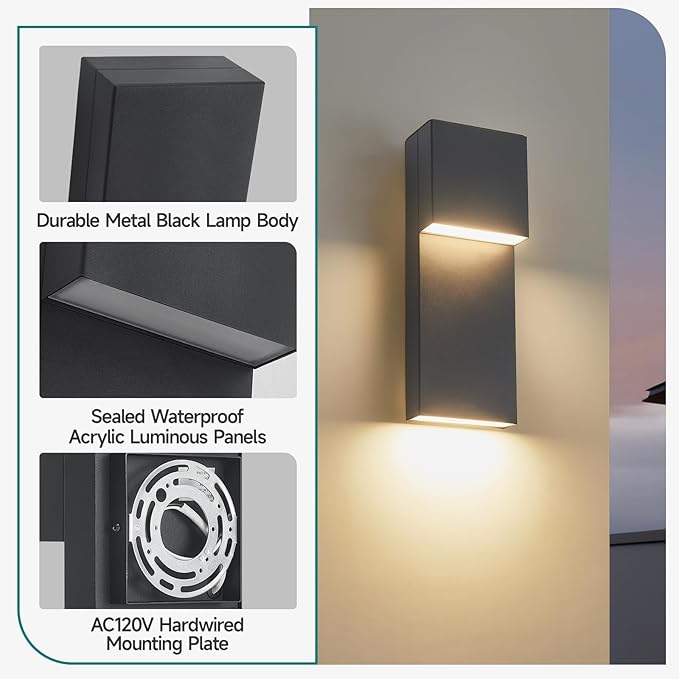Modern LED Outdoor Wall Sconce Black Exterior Light Fixtures Outside Wall Mount Lighting for House Porch Garage Backyard 3000K 15 Inch 2 Packs