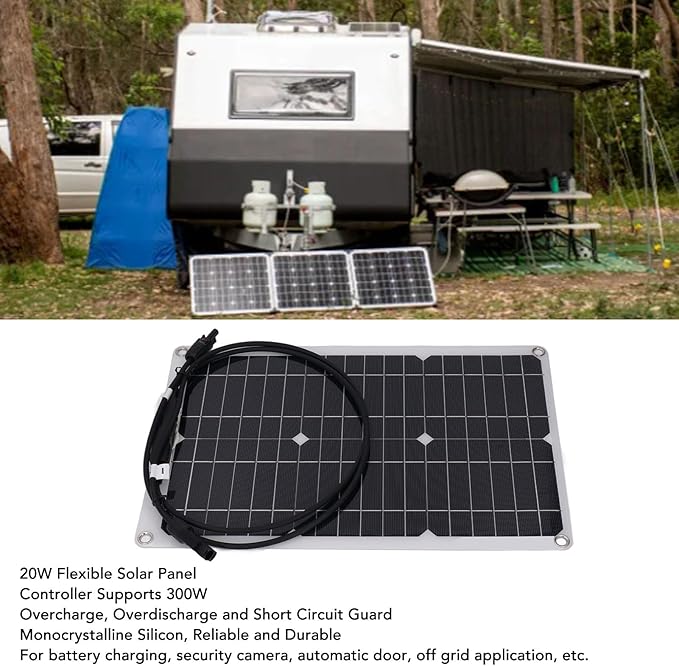 20W 18V Flexible Solar Panel Monocrystalline Solar c harge Board for 12V Battery Security Camera System Marine RV Cabin Van Car Compact and Lightweight