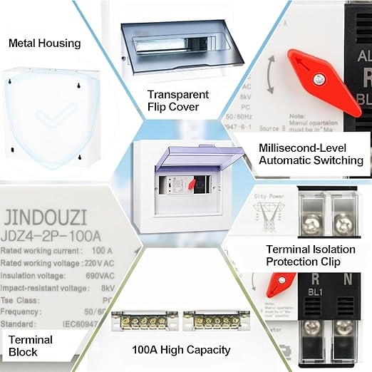 100A Automatic Transfer Switch 110V Dual Power Millisecond Generator Transfer Switch with Metal Distribution Box for Home Backup Power