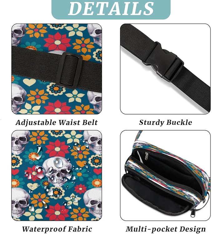 Vintage Skulls Flowers Waterproof Fanny Pack for Women Men Adjustable Waist Bag with Double Zipper Pockets Lightweight Square Hip Pack for Running Travel Hiking Workout Cycling