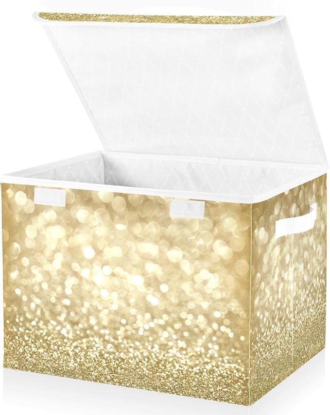 Golden Glitter Yellow Fabric Storage Boxes with Lid and Handles Foldable Storage Bins Organizers Cube Basket for Closet Home Office 1 Pc