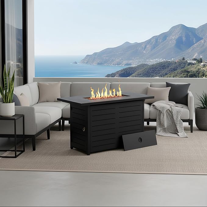 Kinger Home 42-Inch Ore Outdoor Propane Fire Pit Table 50000 BTU Powder-Coated Stainless Steel Patio Firepit with Lava Rocks Black
