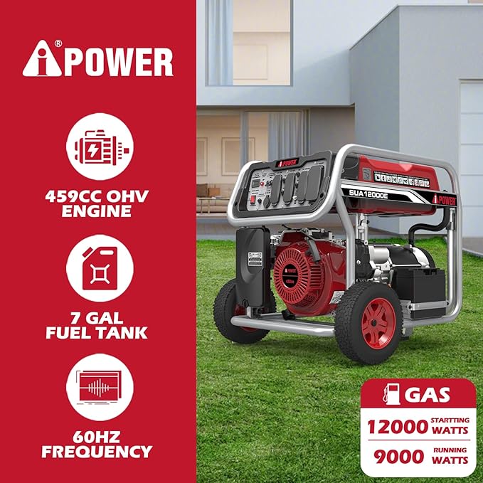 A-iPower SUA12000E 12000 Watt Portable Generator Heavy Duty Gas Powered With Electric Start For Jobsite RV and Whole House Backup Emergency