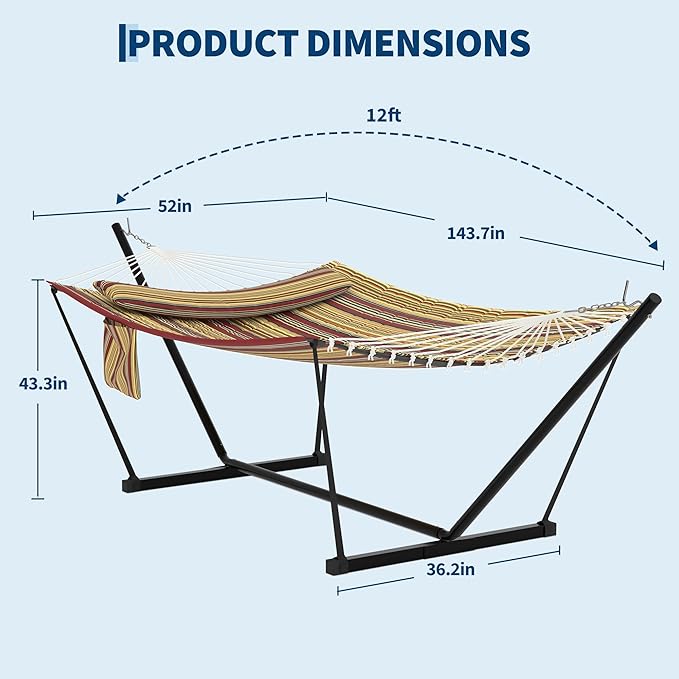 2 Person Double Hammock with Stand &amp Pillow 450 LBS Heavy Duty Outdoor Hammock with Balance Rope for Patio Backyard Poolside