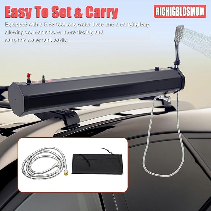 Pressurized Water Tank | Portable Camping Shower for SUVs Trucks &amp RVs Roof Rack | Sun-Heated &amp No Pump Needed | Includes 5.58ft Hose &amp Storage Bag