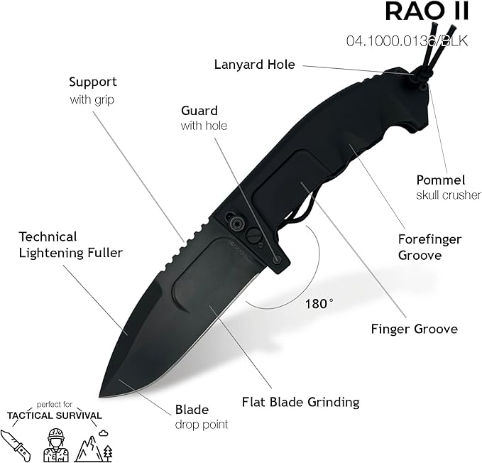 Extrema Ratio - RAO II (Black) Folding Knife Böhler N690 Steel Blade Burnished Finish Secure Locking System Anticorodal Anodized Aluminum Handle Handcrafted in Italy Heavy-Duty and Reliable