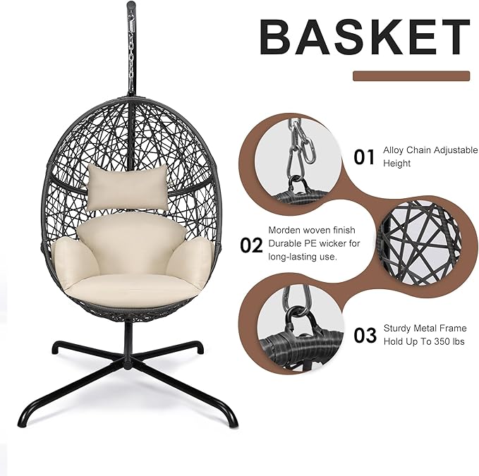 NICESOUL Bird Cage Swing Egg Chair UV/Water-Resistant 450lbs Capacity Wicker Swinging Chairs with Stand Comfy Oversized Hanging Seat w/Cushion Metal Frame &amp Cover for Indoor Outdoor Grey &amp