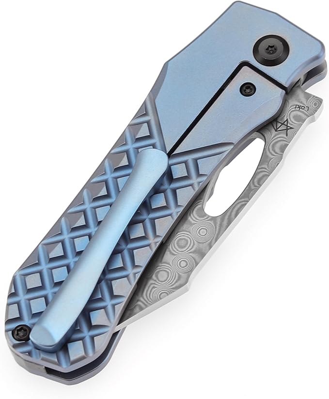 KANSEPT Loki Pocket Knife 2.99'' Damascus Blade Blue Anodized Titanium with Frag Pattern Handle Everyday Carry K1058B7
