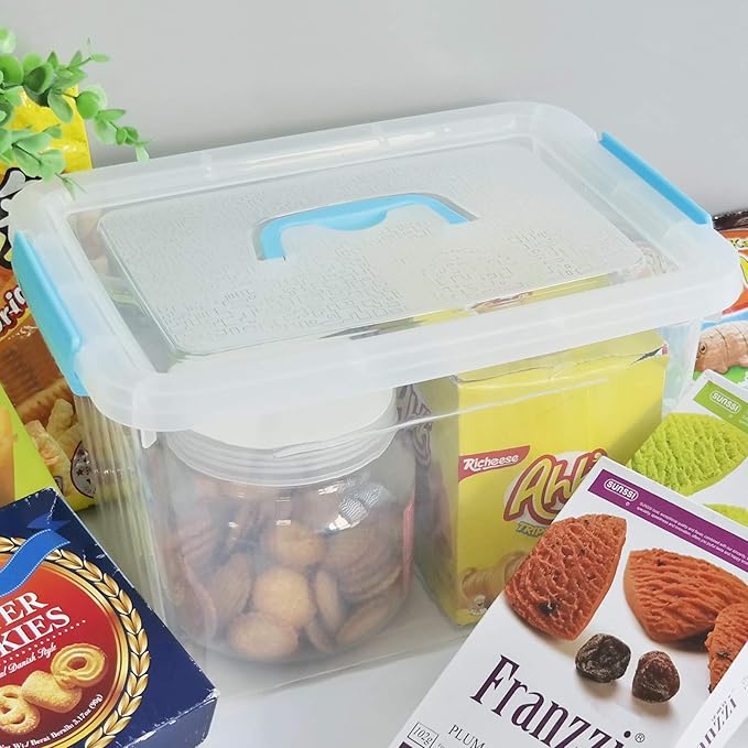 Hespama 12 Quart Storage Bin Plastic Latching Box/Container with Clear Lid Blue Handle and Latches 1 Pack