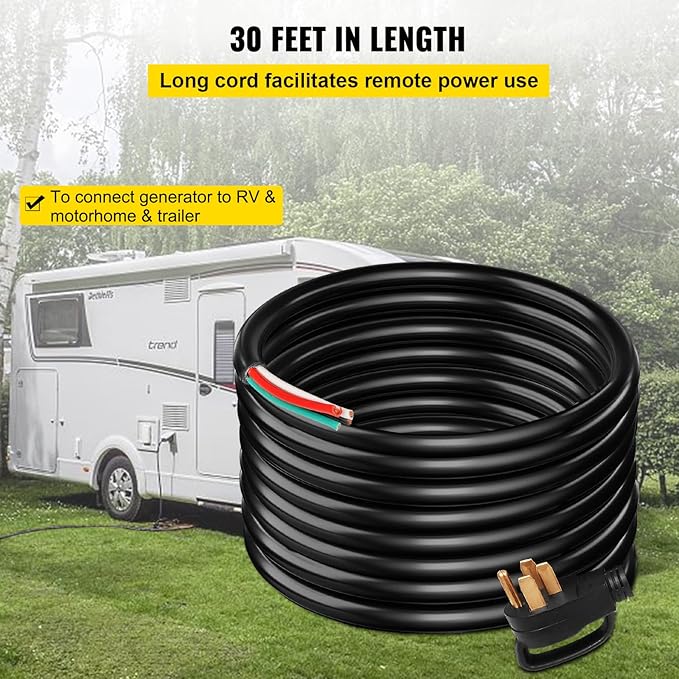 VEVOR 30 ft 50A RV Power Cord 6/3 + 8/1 AWG Generator Cable with NEMA 14-50P to Bare Wire Heavy-Duty Flexible for RV Camper and Outdoor Generator Connections