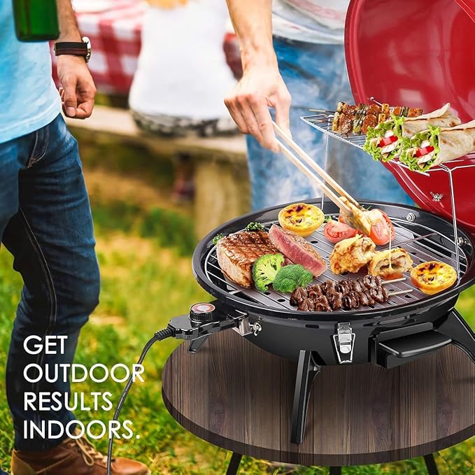 Electric BBQ Grill Techwood 15-Serving Indoor/Outdoor Electric Grill for Indoor &amp Outdoor Use Double Layer Design Portable Removable Stand Grill 1600W (Countertop BBQ Grill)
