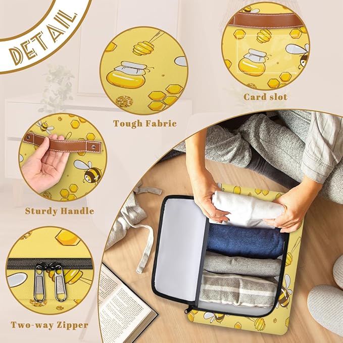 KOBLEN Animal Bee Pattern Storage Basket Collapsible Rectangular Storage Bins with Zipper Lid Handle Closet Shelf Cloth Organizer Basket for Nursery Bedroom Clothes Toy