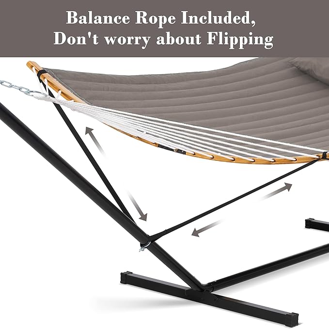SUNCREAT Hammocks Portable Hammock with Frame Backyard Double Hammock with Curved Spreader Bar Brown