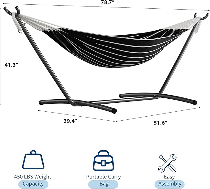 GarveeLife Double 2 Person Hammock Indoor Outdoor Standing Hammock with Space Saving Steel Stand Carry Bag 450 LBS Weight Capacity Suitable for Garden Camping Beach Onyx