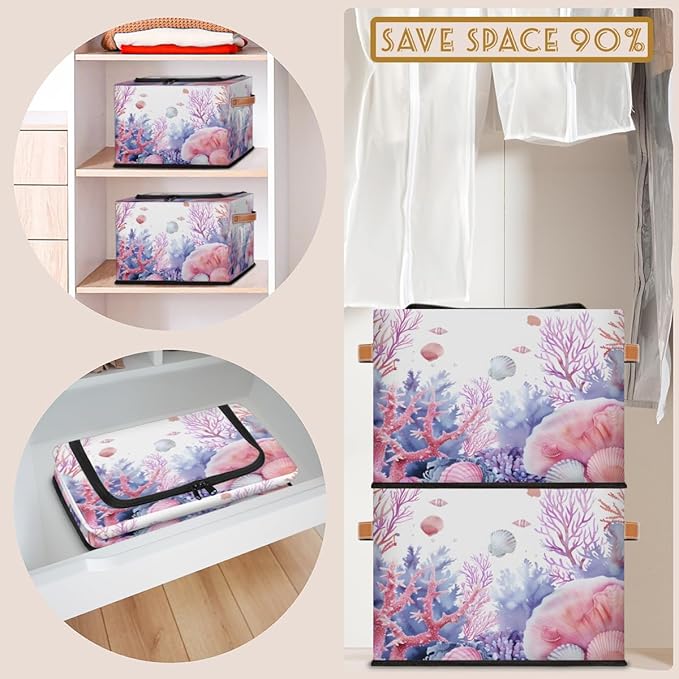 Seashell Coral Storage Box with Lid Ocean Beach Collapsible Storage Bins Baskets Cubes Closet Shelf Clothes Organizer Containers with PU Leather Handles
