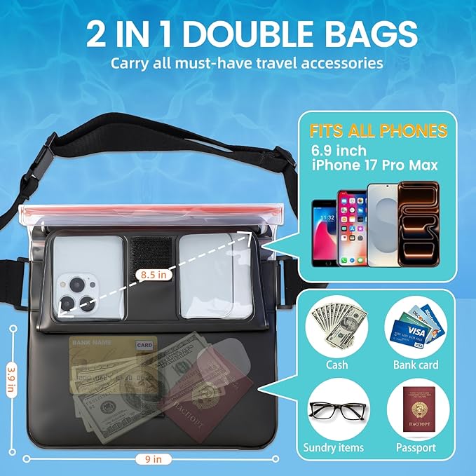 Niveaya Double Space Waterproof Fanny Pack IPX8 Waterproof Dry Bag Waist Pouch for Beach Kayaking Swimming Boat Travel Essentials Waterproof Phone Bag &amp Passport Holder for Women Men(2 Pack)