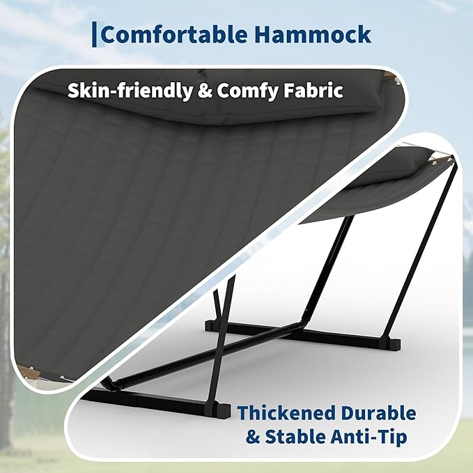 2 Person Outdoor Hammock with Stand 450LBS Capacity Heavy Duty Hammock with Carrying Bag &amp Soft Pillow Portable Indoor Outdoor Hammock Perfect for Backyard Patio Beach