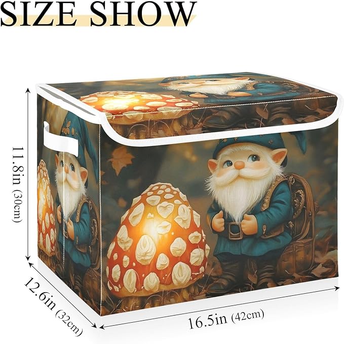 Storage Cube with Lid Gnome and Mushroom Print 16.5×12.6×11.8 IN 1 Pack Collapsible Large Capacity Foldable Storage Basket Bin Organizer
